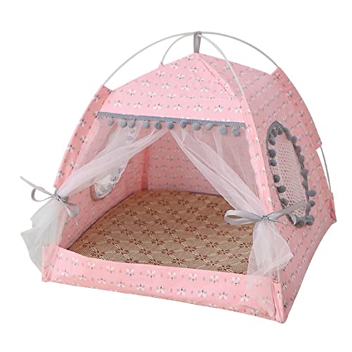 Katzenzelt, faltbares Katzen-Prinzessin-Tipi mit Blumenmuster, mit Spitzenfenster und Türvorhang, atmungsaktive Hundehütte, tragbares Welpenbett for Katzen, kleine Hunde /331(Color:Pink M) von PINFANSHIJIE