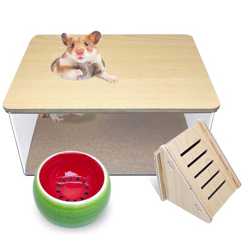 PINVNBY Hamster Sand Badebox, Transparent Acryl Sandbad Dusche, Rennmäuse Graben Raum Container mit Kletterleiter und Keramikschale, Katzentoilette für Hamster, Meerschweinchen, Mäuse (Rechteckig) von PINVNBY