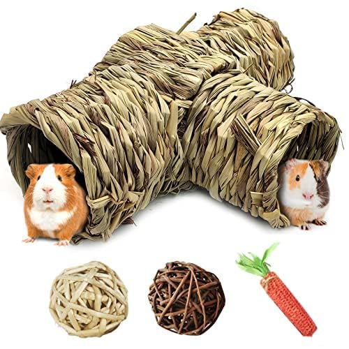 PINVNBY Hamstergras Tunnel Spielzeug Nature's Hideaway Meerschweinchen Tunnel und Röhren Stroh Tunnel Haus mit 4 Eingängen für Chinchillas Igel Ratten Rennmäuse (4 Stück) von PINVNBY