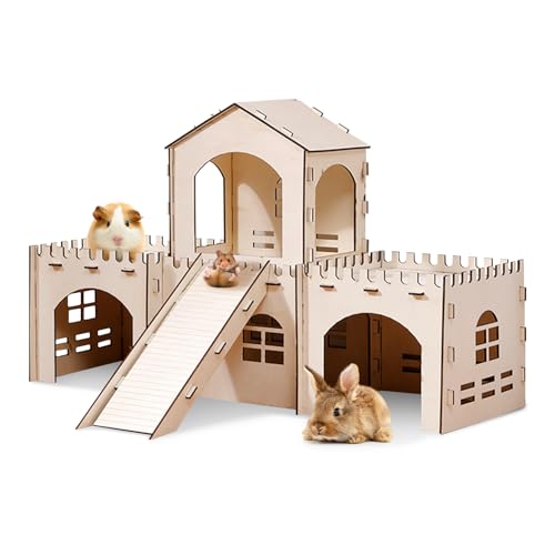 PINVNBY Hasenhaus und Verstecke aus Holz, großes Meerschweinchenschloss aus Holz, abnehmbares Holzversteck für kleine Tiere von PINVNBY