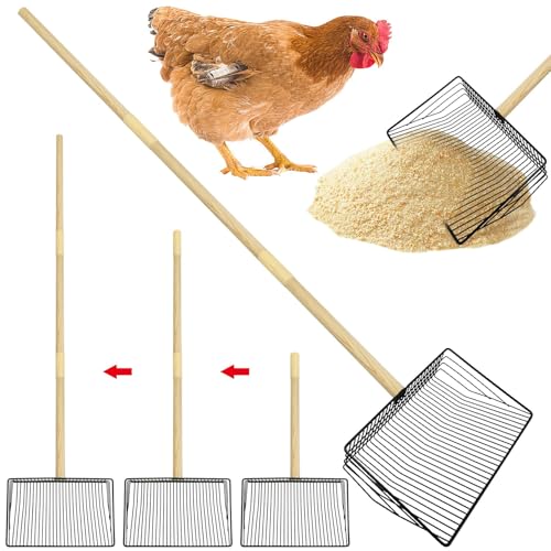 PINVNBY Hühnerkotschaufel aus Edelstahl, 3-in-1, verstellbarer Holzgriff, Kotschaufel für Huhn (46 cm bis 106,9 cm), multifunktionales Reinigungswerkzeug für Hühnerstall, Siebschaufel, von PINVNBY