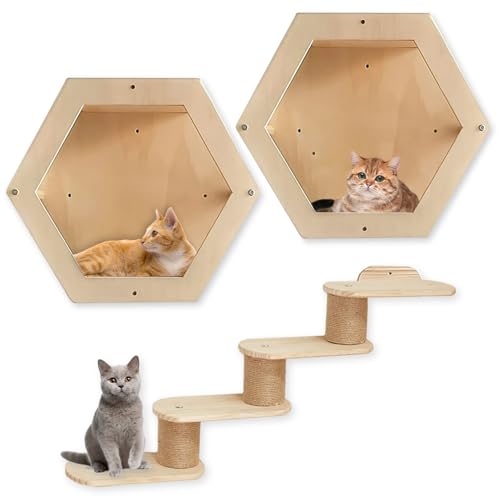 PINVNBY Katzen-Wandregale, Katzenregale und Sitzstangen für Wand, Sechseck-Nest Sitzstangen und 4 Katzentreppen Set, Katzenwandmöbel zum Spielen, Faulenzen, Klettern von PINVNBY