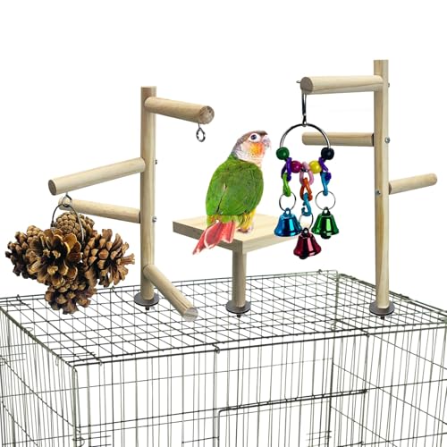 PINVNBY Kleiner Vogel-Spielplatz für die Oberseite des Käfigs, Holz-Papageienständer, Sitzstange, Sittich, Spielständer, Vögel, Fitnessstudio, hängendes Kauspielzeug, Außen-Vogelkäfig-Zubehör für von PINVNBY