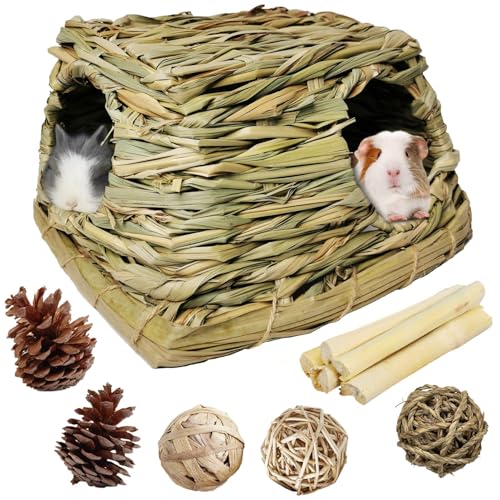 PINVNBY Meerschweinchen-Grashaus, Hase, Heu, Versteck, Tunnel, kleines Haustier-Strohhütte mit Kauspielzeug für Kaninchen, Hamster, Ratten, Chinchilla, Igel, Rennmäuse (Kugel nach Zufallsprinzip) von PINVNBY