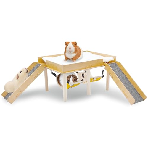 PINVNBY Meerschweinchenversteck Mäusehaus mit Treppe, Matte und Hängematte, Groß Holz Meerschweinchen Schloss Hamster Verstecke für Kleintiere Meerschweinchen Hamster Maus Kaninchen Häschen von PINVNBY