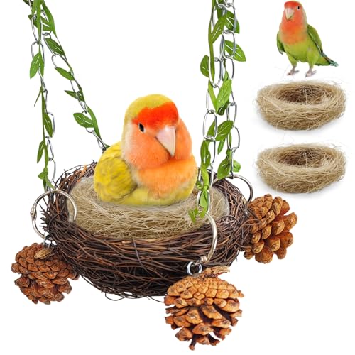 PINVNBY Natürliches Rattan-Vogelnest zum Aufhängen, Vogelbett, Zuckergleiter, Schaukelspielzeug mit Kokosfaser-Matte für Sittiche, Nymphensittiche, Lovebird, Conure, Zuckergleiter, Kanarienvögel von PINVNBY