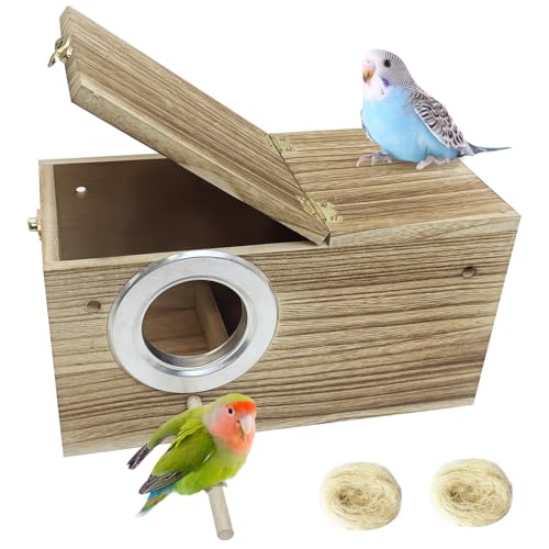 PINVNBY Sittich-Nistkasten, karbonisiertes Holz, Vogelbox mit natürlicher Kokosfaser, Brutkasten aus Holz für Vögel, Wellensittiche, Lovebirds Sittiche, Finken, Papageien, Kanarienvögel (M: 24,9 x von PINVNBY