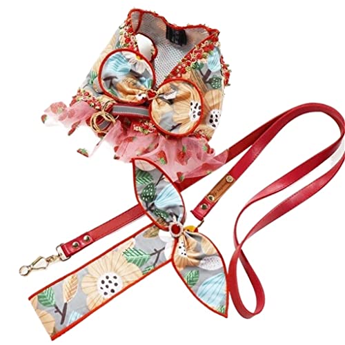 Hundeleine Klassische Blumen Bedrucktes Hundekleid-Geschirr-Leine-Set Designer-Geschirr-Weste-Kragen-Leinen Für Welpen-Haustier Führleine für Hunde (Color : Rood, Size : 29cm) von PIPONS