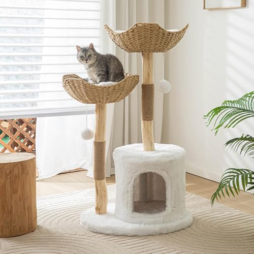 Moderner Katzenbaum für Indoor-Katzen, groß, 116,8 cm hoch, Holz-Katzenturm für große Katzen mit Kratzbaum, luxuriöse Katzenhütte, Weiß von PISARRY