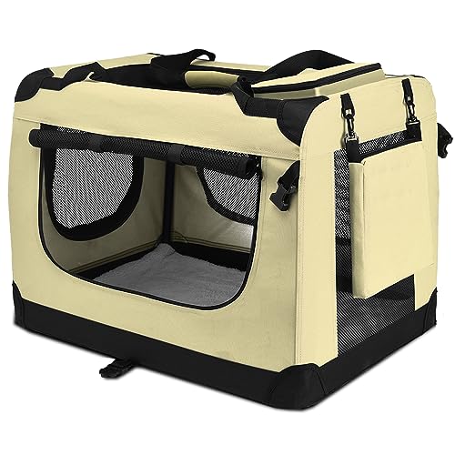 PISPETS Transportbox für Haustiere Hunde und Katzen, 80x58x58cm, Klappbarer Transporttasche - Träger und Käfig in einem (Beige) von PISPETS