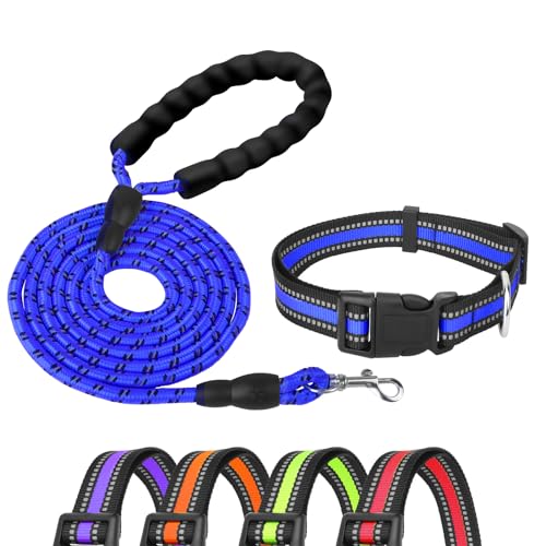 PISPETS Reflektierendes Hundehalsband, längenverstellbar, aus 4/5" hochwertigem gewebtem Seil, mit gepolstertem Griff, Nylon-Hundeleinen, passend für kleine bis mittelgroße Hunde (Blau) von PISPETS
