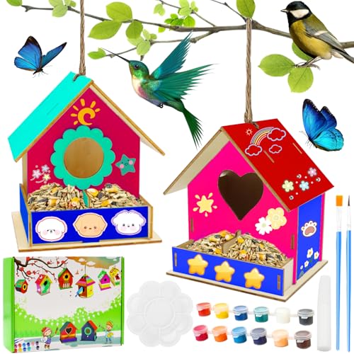 PIWOSGOL 2 Stück DIY Vogelhaus Bausatz für Kinder, 3D Set Holz Basteln für Kinder zu Bauen und Malen, Vogelfutter Bastelset Kinder, Geschenke für Mädchen Jungen Kleinkinder von PIWOSGOL