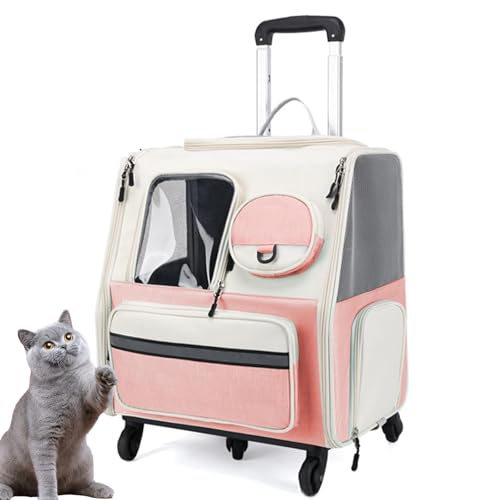 PJDDP 2IN1 Rucksack Trolley, Klappbarer Haustiertrage-Rucksack, Katzenrucksack Reisetasche Mit Rollen, Atmungsaktive Haustier-Reisetrage Für Katzen Und Welpen,Rosa von PJDDP