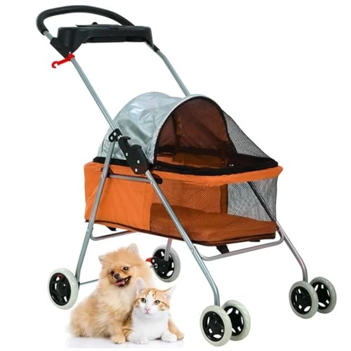 PJDDP 4 Räder Haustier-Kinderwagen, Hunde-Kinderwagen, Katzenkäfig-Jogger-Kinderwagen, Katzen-Reise-Klappträger, Wasserdichter Welpen-Kinderwagen Mit Getränkehalter,Orange von PJDDP