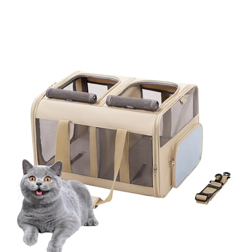 PJDDP Beige,Großer Katzentransportbox Für 2 Katzen Und Kleine Hunde Bis 17.5KG Mit Abnehmbarem Kissen,Faltbare & Erweiterbar Katzentransporttasche von PJDDP