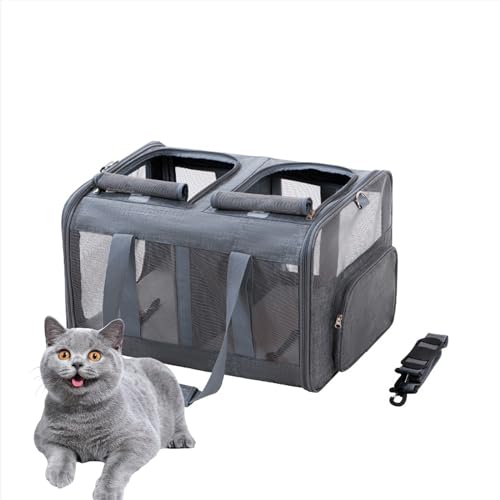 PJDDP Dark Gray,Großer Katzentransportbox Für 2 Katzen Und Kleine Hunde Bis 17.5KG Mit Abnehmbarem Kissen,Faltbare & Erweiterbar Katzentransporttasche von PJDDP