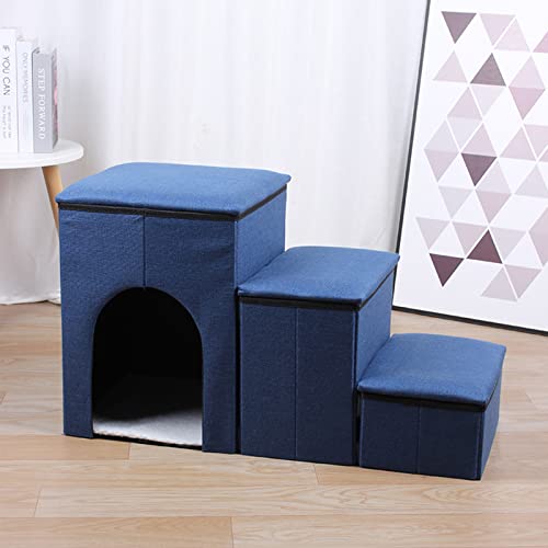 Faltbare Hundetreppe mit Aufbewahrungsboxen, Faltbare Hundetreppe mit Lounge Condo für Couch, Auto, Zuhause, 3 Stufen rutschfeste Hundetreppe für kleine mittelgroße Hunde,Blau von PJDDP