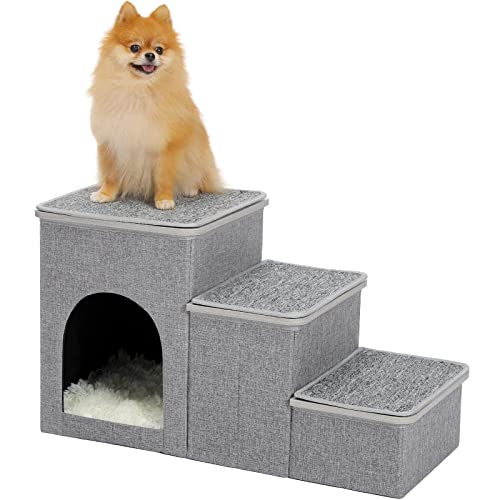 Faltbare Hundetreppe mit Aufbewahrungsboxen, Faltbare Hundetreppe mit Lounge Condo für Couch, Auto, Zuhause, 3 Stufen rutschfeste Hundetreppe für kleine mittelgroße Hunde,Grau von PJDDP