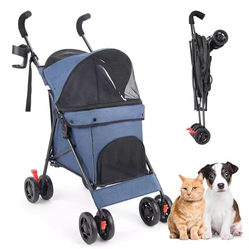 PJDDP Haustier-Kinderwagen, Katzen-Hunde-Kinderwagen, 4-Rad-Einfach Zusammenklappbarer Welpenkäfig-Jogger-Kinderwagen Mit Getränkehalter Für Kleine Katzen, Hunde, Welpen,Blau von PJDDP