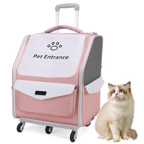 PJDDP Haustier-Reiserucksack, Rucksäcke Trolley Für Hund Und Katzen, Haustiertrolley Faltbar,Hunderucksack Trolley, Faltbar, 2 in 1 Mit Rollen Und Griff,Rosa von PJDDP