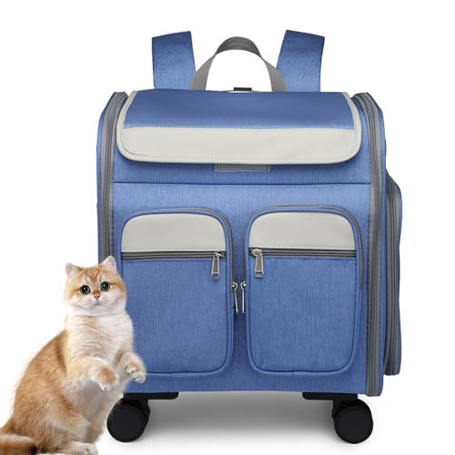 Haustier-Reisetrage, 2-In-1 Haustierrucksack, Multifunktionaler Haustier-Rucksack Mit 4 Rädern, Atmungsaktive Haustier-Reisetrage Für Katzen Und Welpen,Blau von PJDDP