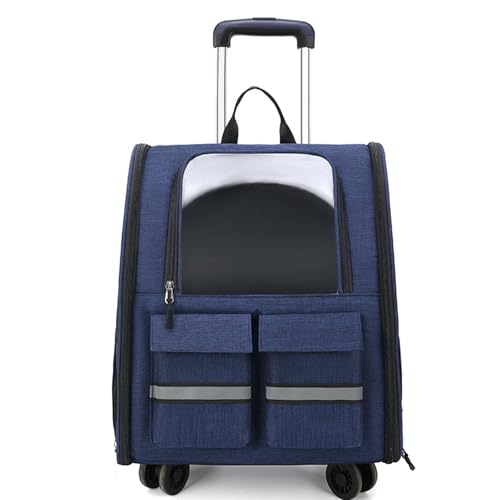 Haustier-Reisetrage, Haustiertrage-Rucksack Mit Abnehmbarem Trolley, Multifunktionaler Haustier-Rucksack Mit 4 Rädern, Atmungsaktive Haustier-Reisetrage Für Katzen Und Welpen,Blau von PJDDP