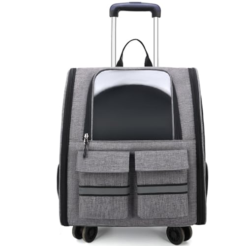 Haustier-Reisetrage, Haustiertrage-Rucksack Mit Abnehmbarem Trolley, Multifunktionaler Haustier-Rucksack Mit 4 Rädern, Atmungsaktive Haustier-Reisetrage Für Katzen Und Welpen,Grau von PJDDP