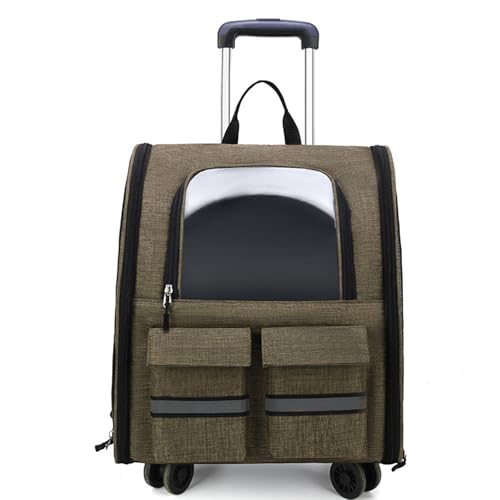 Haustier-Reisetrage, Haustiertrage-Rucksack Mit Abnehmbarem Trolley, Multifunktionaler Haustier-Rucksack Mit 4 Rädern, Atmungsaktive Haustier-Reisetrage Für Katzen Und Welpen,Khaki von PJDDP