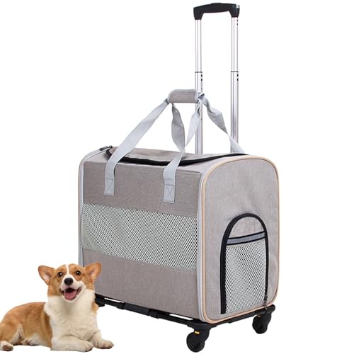 PJDDP Haustier-Reisetrage, Mobile Haustiertragetasche Für Kleine Mittelgroße Hunde Katzen, Tragbare Reisetragetasche Mit Teleskopgriff, Multifunktionaler Haustiertrage,Apricot Gray von PJDDP