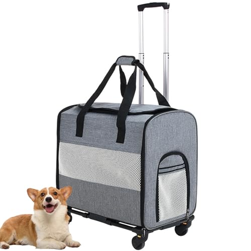 PJDDP Haustier-Reisetrage, Mobile Haustiertragetasche Für Kleine Mittelgroße Hunde Katzen, Tragbare Reisetragetasche Mit Teleskopgriff, Multifunktionaler Haustiertrage,Light Gray von PJDDP