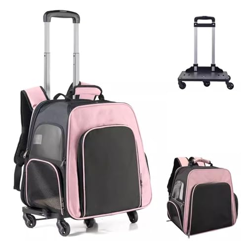 Haustier-Reisetrage,Erweiterbar Katzenrucksack, Multifunktionaler Haustier-Rucksack Mit 4 Rädern,Atmungsaktive Haustier-Reisetrage Für Katzen Und Welpen,Rosa von PJDDP