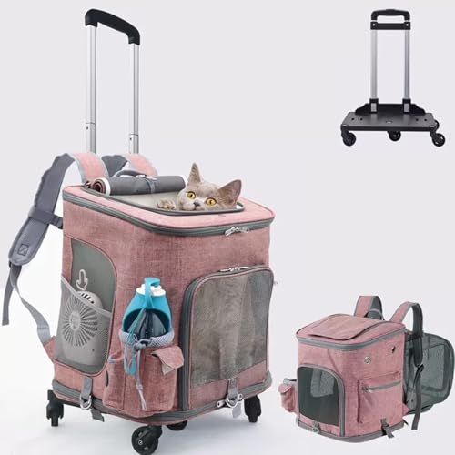 PJDDP Haustier-Reisetrage,Erweiterbar Katzenrucksack, Multifunktionaler Haustier-Rucksack Mit 4 Rädern,Atmungsaktive Haustier-Reisetrage Für Katzen Und Welpen,Rosa von PJDDP