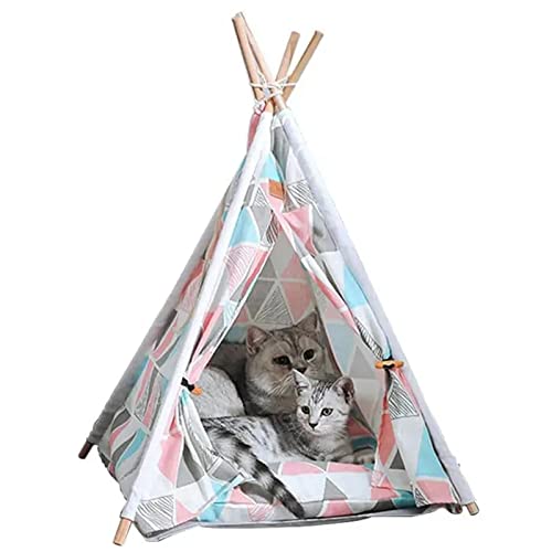 Haustier-Tipi-Zelt, tragbares Katzen-Welpen-Zeltbett mit weichem, dickem Kissen, Hundehaus für Katzen im Innenbereich, kleine Hunde, Robustes Katzen-Hunde-Höhlennest,Pink Triangle von PJDDP