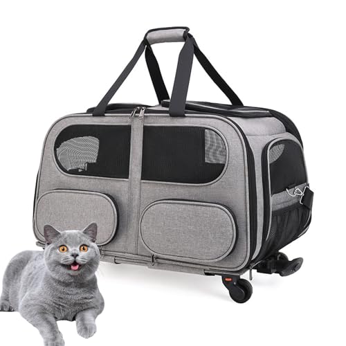 PJDDP Haustier-Tragetasche Mit Doppelfach Für Katze, Hund, Roll-Tragetasche Für 2 Kleine Katzen/Hunde, Super Belüftetes Design, Ideal Für Reisen/Spazierengehen/Camping,Grau von PJDDP