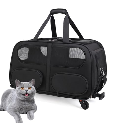 PJDDP Haustier-Tragetasche Mit Doppelfach Für Katze, Hund, Roll-Tragetasche Für 2 Kleine Katzen/Hunde, Super Belüftetes Design, Ideal Für Reisen/Spazierengehen/Camping,Schwarz von PJDDP