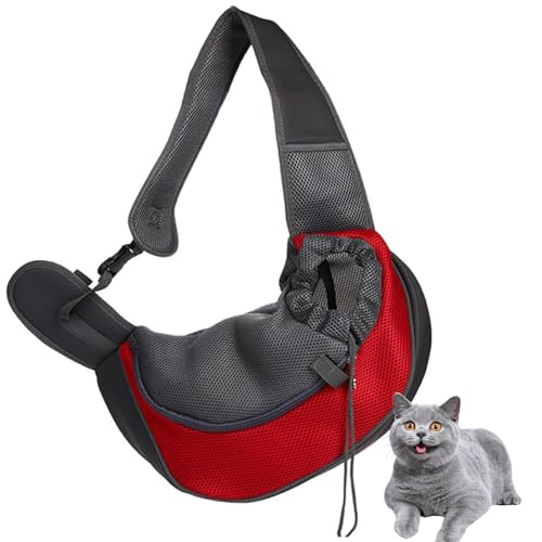 PJDDP Haustier Umhängetasche, Hundetragetasche Tragetuch, Welpentasche Mit Atmungsaktivem Netzbeutel, Tragbar Pet Sling Tragetasche, Für Outdoor Katzen Und Hundegeeignet,Rot,S von PJDDP