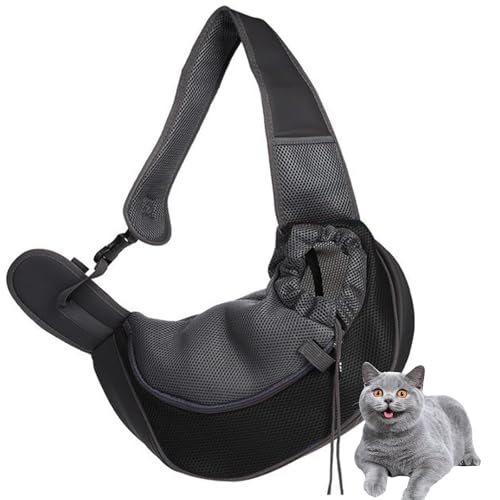 PJDDP Haustier Umhängetasche, Hundetragetasche Tragetuch, Welpentasche Mit Atmungsaktivem Netzbeutel, Tragbar Pet Sling Tragetasche, Für Outdoor Katzen Und Hundegeeignet,Schwarz,S von PJDDP