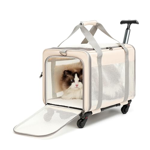 PJDDP Hunde Transportbox Mit Rollen, Katzen Wagen Für Transport, Katzen Transport Box Mit Teleskopgriff, Mobile Haustiertragetasche Für Kleine Mittelgroße Hunde Katzen,Beige von PJDDP