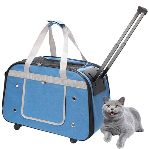 PJDDP Hunde Transportbox Mit Rollen, Katzen Wagen Für Transport, Katzen Transport Box Mit Teleskopgriff, Zusammenklappbare Rolltrage Für Spaziergänge/Camping,Blau von PJDDP