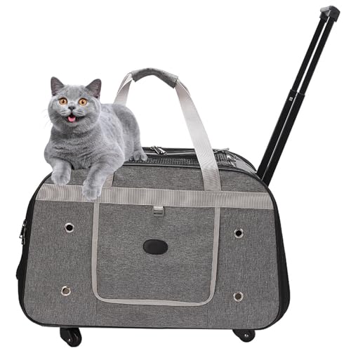 PJDDP Hunde Transportbox Mit Rollen, Katzen Wagen Für Transport, Katzen Transport Box Mit Teleskopgriff, Zusammenklappbare Rolltrage Für Spaziergänge/Camping,Grau von PJDDP