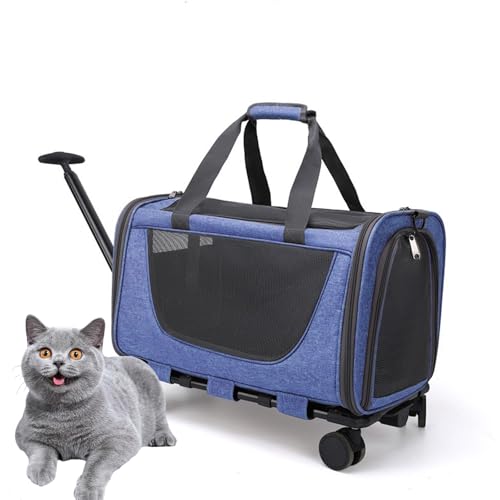 PJDDP Hunde Transportbox Mit Rollen, Katzen Wagen Für Transport, Mobile Haustiertragetasche, Katzen Transport Box Mit Teleskopgriff Für Kleine Mittelgroße Hunde Katzen,Blau von PJDDP