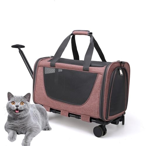 PJDDP Hunde Transportbox Mit Rollen, Katzen Wagen Für Transport, Mobile Haustiertragetasche, Katzen Transport Box Mit Teleskopgriff Für Kleine Mittelgroße Hunde Katzen,Braun von PJDDP