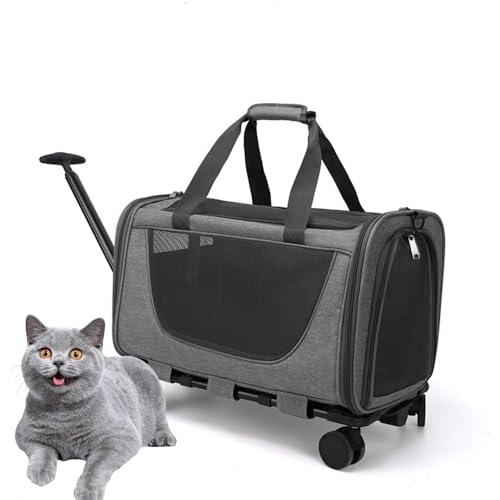 Hunde Transportbox Mit Rollen, Katzen Wagen Für Transport, Mobile Haustiertragetasche, Katzen Transport Box Mit Teleskopgriff Für Kleine Mittelgroße Hunde Katzen,Grau von PJDDP