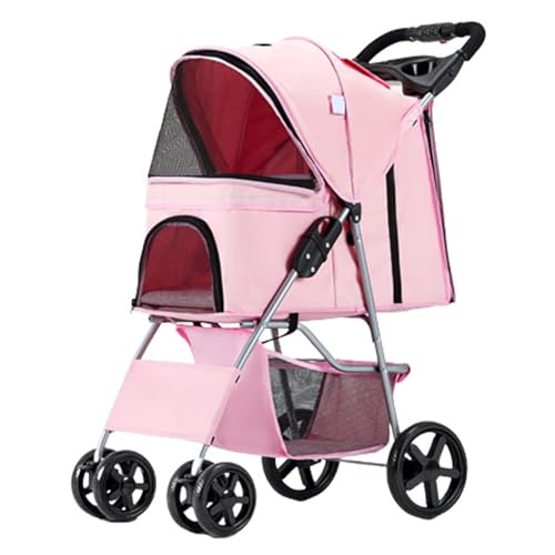 PJDDP Hunde- Und Katzen-Kinderwagen, 4-Rad-Haustier-Kinderwagen Mit Aufbewahrungskorb Und Getränkehalter Für Kleine Und Mittelgroße Katzen, Hunde-Reise-Klappwagen,Rosa von PJDDP