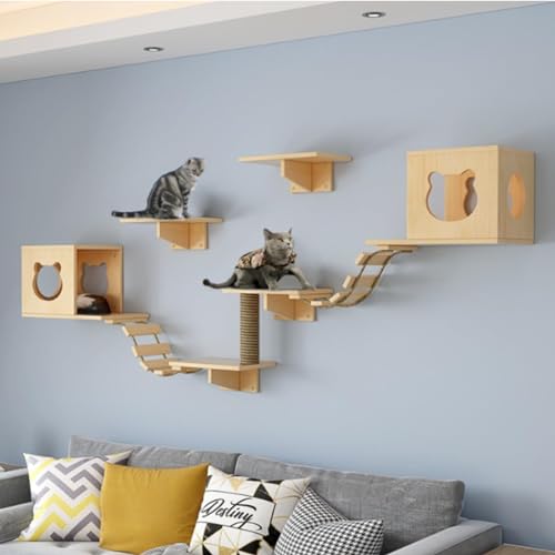 PJDDP Katzen-Wandleiter-Set, Katzen-Wandmöbel, Katzen-Wandregal Und Wandsitzstange, 6 Katzensitzstangen, Inklusive 2 Brückenleitern, 1 Sisal-Katzenkratzbaum von PJDDP