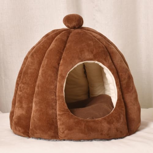 PJDDP Katzenbett Für Innenkatzen, Haustier Zelthöhlenbett Katzenhaus in Innenbett Mit Abnehmbarem Schaumkissen Süßes Kürbisstil Katze Höhlenbett Weiche Halbklassige,Braun,L von PJDDP