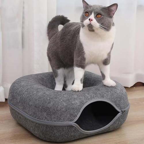 PJDDP Katzenhöhlen für Innenkatzen, Donut Katzenbett Katzen -Tunnel Kratzfest und waschbarer und abnehmbares Filzkatze Donut Katze Versteck Vier Jahreszeiten verfügbare Katzennest,Dark Grey von PJDDP