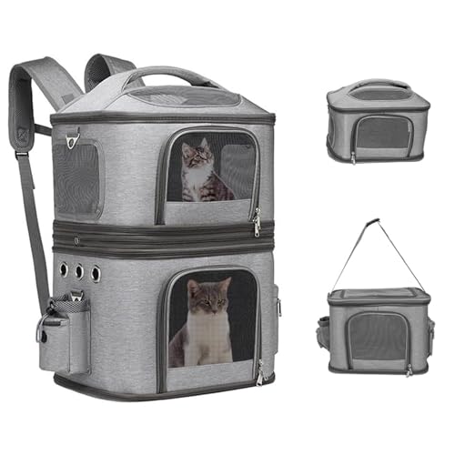 PJDDP Katzenrucksack Für 2 Katzen,Katzentransportbox Für 2 Katzen,Haustier Rucksack Für 2 Katzen/Kleine Hunde/Kaninchen, Katzentransporter Mit Abnehmbarer Matte Und Atmungsaktivem Mesh,Grau von PJDDP