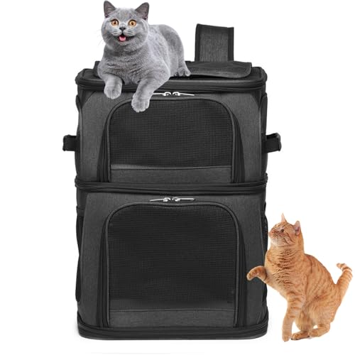 Katzenrucksack Für 2 Katzen,Katzentransportbox Für 2 Katzen,Haustier Rucksack Für 2 Katzen/Kleine Hunde/Kaninchen, Katzentransporter Mit Abnehmbarer Matte Und Atmungsaktivem Mesh,Schwarz von PJDDP