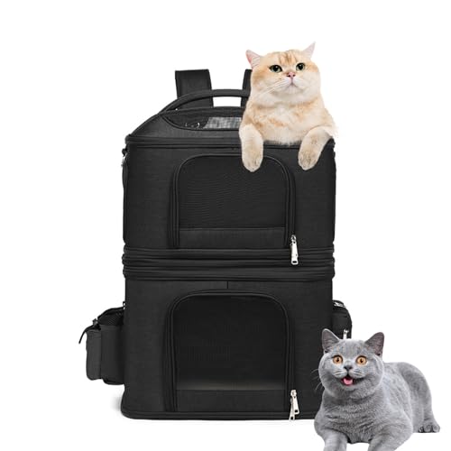 PJDDP Katzenrucksack Für 2 Katzen,Katzentransportbox Für 2 Katzen,Haustier Rucksack Für 2 Katzen/Kleine Hunde/Kaninchen, Katzentransporter Mit Abnehmbarer Matte Und Atmungsaktivem Mesh,Schwarz von PJDDP